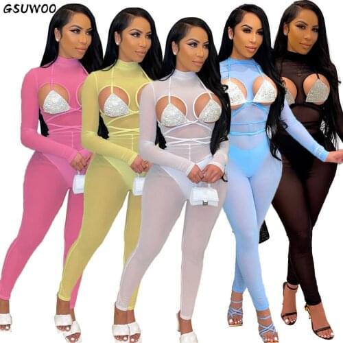 GSUWOO Women Sheer Mesh Jumpsuit and Halter Neck Sequin Bras 2pcs Sets for Party Night Long Sleeve Perspective Rompers Clothes
