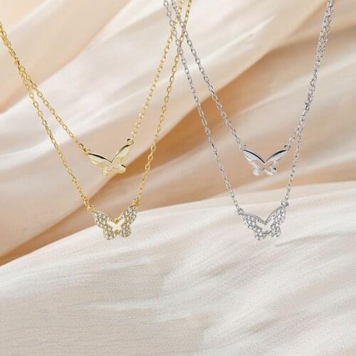 Silver Plated Womens Butterfly Necklace Exquisite Shining Zircon Double Clavicle Chain Korean Fashion Womens Jewelry