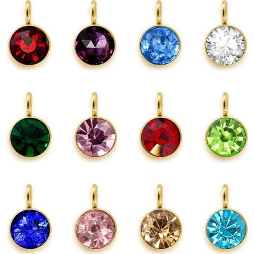 12pcs stainless steel Bling gold rose gold color birthstone pendant fit women Key Chain Key ring necklace DIY Jewelry as gift
