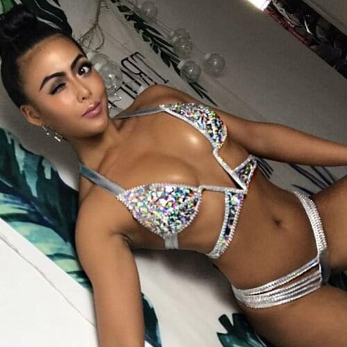 2020 Deep V Bustier Open Straps Paded Bikini Sets Bling Stones Sparking Crystal Rhinestone Chain Swimwear Push Up Bikinis