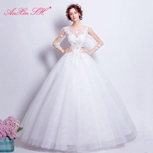 AXJFU White flower princess wedding dress lapel bridal flower white wedding dress lace princess wedding dress new 6916