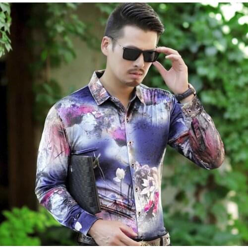 Brand Silk Luxury Floral Print Shirts Mens Fashion Long Sleeve Spring Summer Business Dress Velvet Shirt Drop Shipping