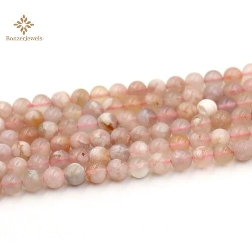 Natural Pink Sakura Agates Spacer Loose Round Stone Beads For Diy Bracelets Accessories Jewelry Making 6/8/10mm 15"