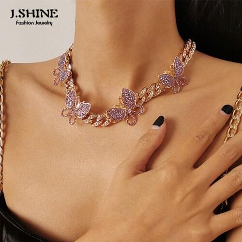 JShine Fashion Bling Cuban Link Chain Big Butterfly Necklace For Women Hip Hop CZ Jewelry Gold Color Choker Necklace Jewelry