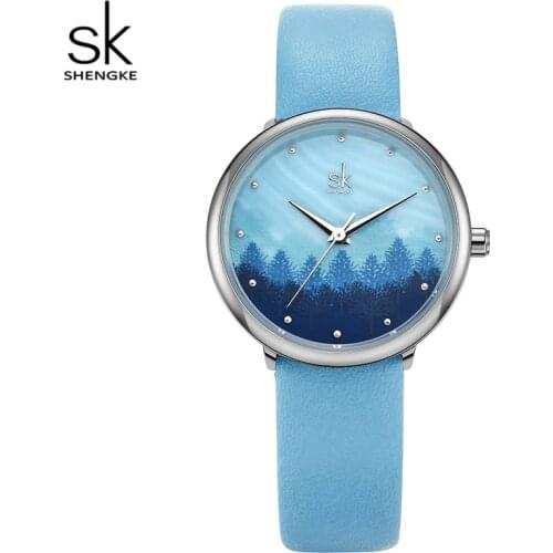 Shengke Women Watches Spring Birch Forest 30mm Dial Lady Clock Blue Band Japanese Movement Relogio Watch Zegarek Damski Gift