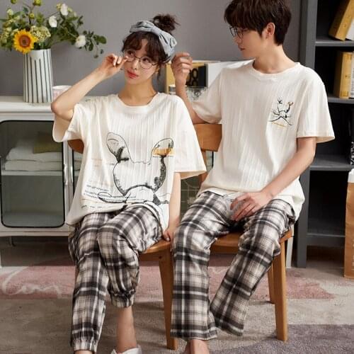 Lovers Homedress Pajamas Sets Womens Short Sleeve Nightgown Trousers Sleepwear Cotton Round Neck Couples Casual Home Clothing