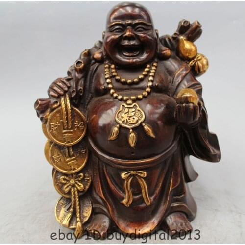 DS 11" Chinese Bronze Gild Wealth Frog Moneybag Happy Laugh Maitreya Buddha Statue