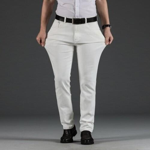 Classic Style Mens Regular Fit White Jeans Business Fashion Denim Advanced Stretch Cotton Trousers Male Brand Pants