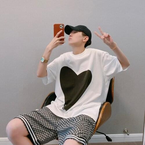 Summer Mens Short Sleeve O-neck White T-shirt Heart Print Loose Leisure Top F25