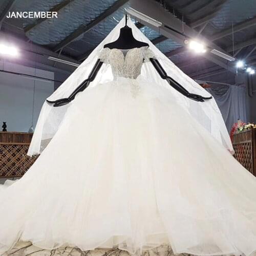 HTL1913 Ball-Gown Beaded Crystal Luxury Wedding Dress 2020 Short Sleeve Deep V-Neck Lace Up Back Off The Shoulder