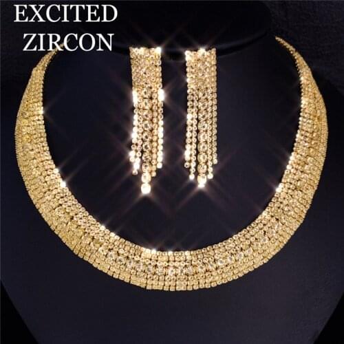 Dropship Fashion Luxury Bridal Jewelry Sets for Women Rhinestone Crystal Necklace Earrings Set Brides Party Wedding Jewelry Set