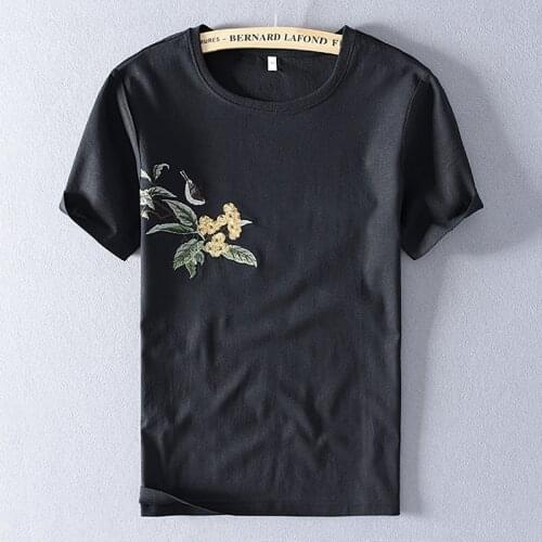 Embroidered summer t shirts men brand linen t-shirt male casual black t shirt for men fashion solid tshirt mens camisa chemise