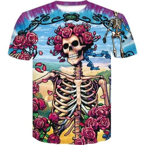 New design for men and women skeleton skull T-shirt summer fashion personality street wear funny rose skull T-shirt