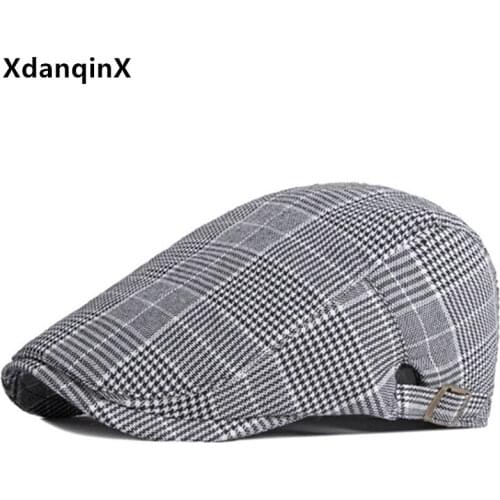 XdanqinX Autumn Mens Check Beret British Retro Thin Fashion Casual Tongue Hat Snapback Cap Adjustable Size Male Bone Sports Cap