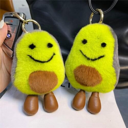 Plush Avocado Real Rex Rabbit Fur Keychain Cute Fruit Toy Doll Women Handbag Ornaments Car Keyring Trinkets Highend Kids Gift
