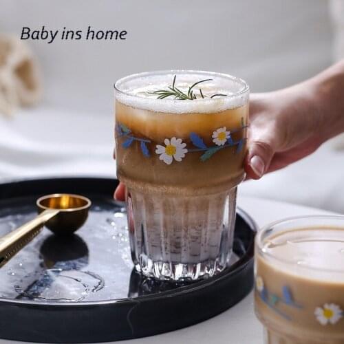 Superimposed Water Cup 301-400ml Flower Korean Sytle Ins Daisy Transparent Glass Fresh Ice Coffee Cup Juice Cola Milk Tea Cup