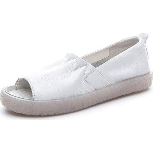 2020 New Summer Top Soft Cowhide Fish Mouth Sandals Soft Bottom Shallow Flat Sandals Fashion Leather Sandals Light Women Sandals