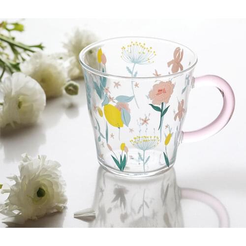 Blue Lotus Cup Girl Student Korean Cute Glass Cup with Handle Water Cup Girl Tea Cup High Temperature Resistance Glass Cup