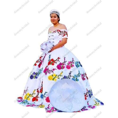 Modest White and Coloful 3D Floral Flower Country Off shoulder Satin Quinceanera Dresses 2022 Mexicano with Sleeve Prom Sweet 15