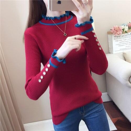 2020 Spring Autumn New Half turtleneck Sweater Ladies Long Sleeve Tight color Matching Lotus leaf Knitted Bottoming Shirt G248