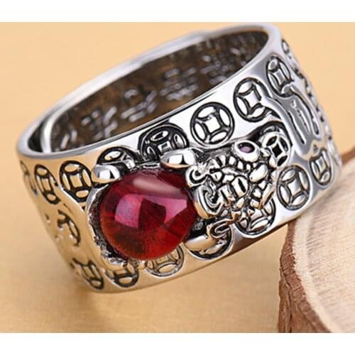 Vintage 11mm Red Simulated-pearl Animal Pixiu Engraved Text Signet Resizable Ring Men Wedding Bands Anniversary Rings For Women