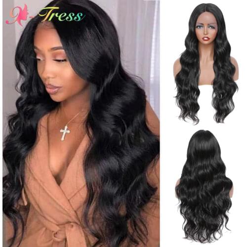 X-TRESS Long Body Wave Lace Front Wigs for Women Ombre Brown Synthetic Wigs Long Soft Heat Resistant Fiber Middle Part Lace Wig