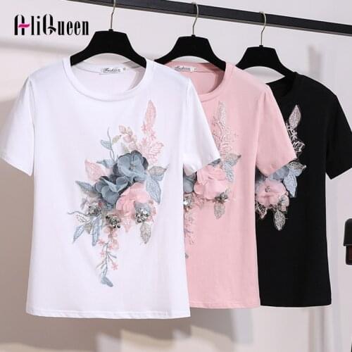 2019 Summer T-shirts Embroidery Sequins Flower T-Shirts Women O-Neck Short Sleeve Girl Tops T-shirts Women Floral Tee Tops
