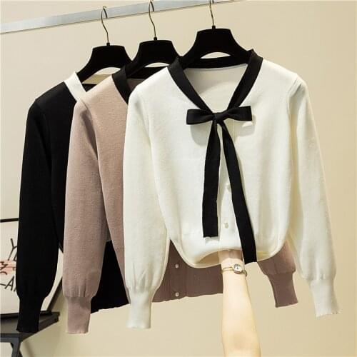 LJSXLS White Button Women Clothes Bow V Neck Knitted Sweater Female 2021 Autumn Fashion Pullovers Womens Long Sleeve Pull Femme