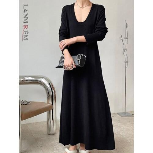 LANMREM Women Black Mid-long Dress New V-Neck Long Sleeve Loose Fit Fashion Tide autumn winter 2021 2E149901