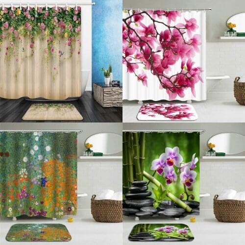 2Pcs/Set 3D Print Flower Pattern Shower Curtain Set Waterproof Polyester Cloth+Non-slip Mat Rug Toilet Bathroom Home Decor