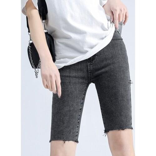 2021 Summer Holes Jeans Capris High Waist Skinny Stretch Cotton Elastic Denim Short Pants Blue Washed Half Trousers Black P015