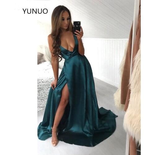 YUNUO Deep V-Neck Satin Prom Formal Dress with Side Slit A-Line robe de soiree Evening Gowns Sexy Sleeveless Dress Party