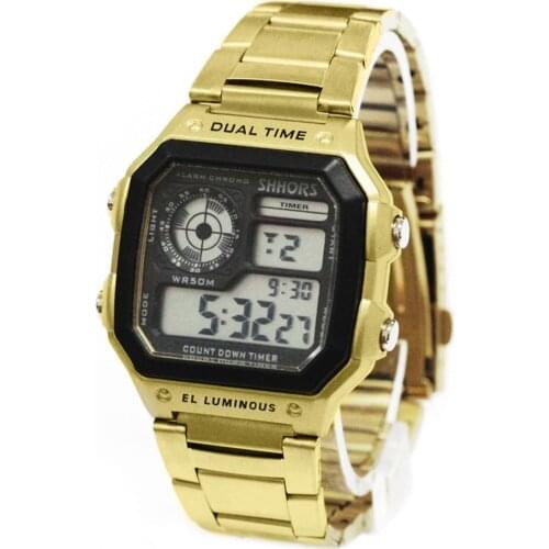 Shhors Luxury Men Watches Men LED Digital Watches Men Sports Watches Golden Stainless Steel Electronic Wristwatch reloj hombre