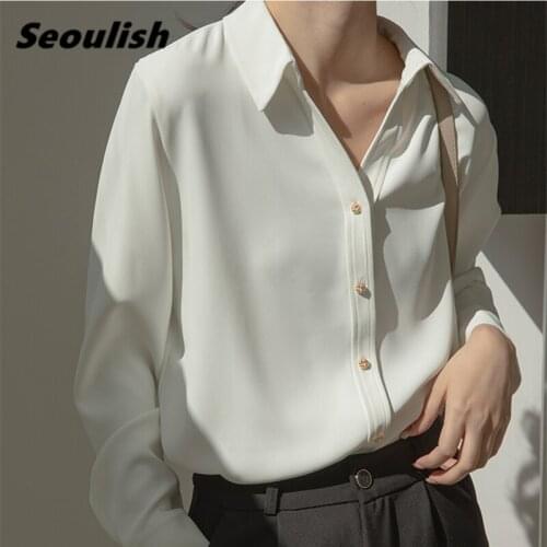 Seoulish Elegant Formal White Womens Blouse V Neck Office Ladies Shirts Chic Long Sleeve Single Breasted Workwear Tops 2021 New
