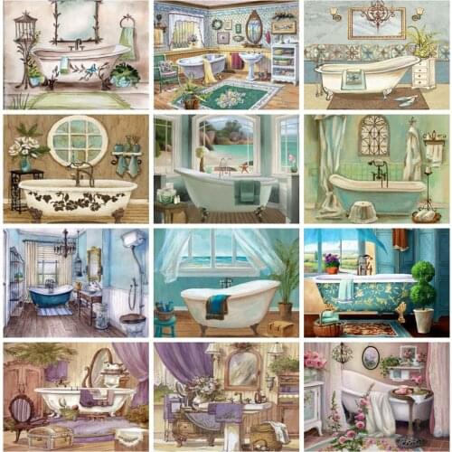 Huacan Diamond Painting Bathtub Cross Stitch Full Drill Diamond Embroidery Bathroom Scenery Home Decoration