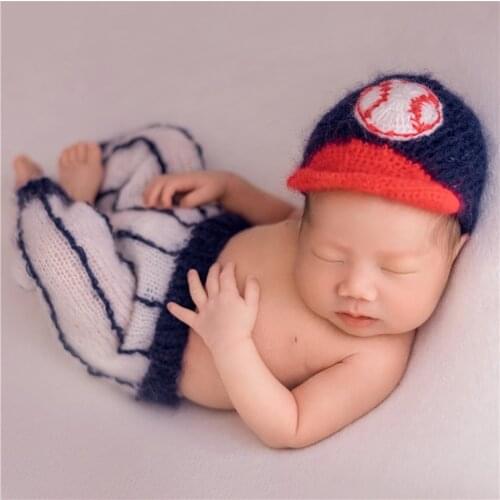 Newborn Cap Knitted Baseball Hat Romper Baby Boy Sports Clothes Mohair Newborn Pants Set Photography Prop Outfit Bonnet Hat Prop