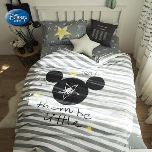 Disney Mickey Mouse Grey Blue Stripe Bedding Set Down Quilt Cover Pillowcase Linens Childrens Birthday Gift Bedroom Decor