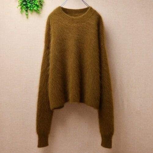 Top mujer female short style crop top angora rabbit fur knitted long sleeves loose basic pullover sweater mink fur jumper winter