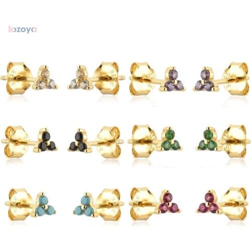 LOZOYA 925 Sterling Silver Gold Jewelry Rock Punk Jewelry Three Zircon Clear Colorful Stud Earring Piercing Pendiente Luxury