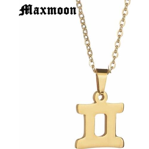 Maxmoon Charm Jewelry Stainless Steel 3 Colors Zodiac Sign Pendant Necklace Gemini Name Necklace For Birthday Gift Bijoux