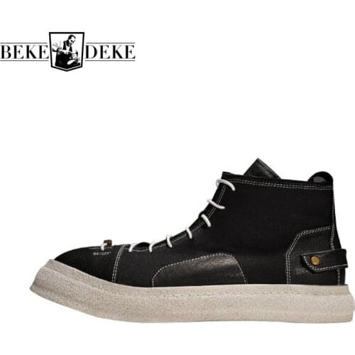 Mens Vintage Patchwork Black High-Top Shoes Street Zipper Platform Spliced Trainers Luxury Western Cowboy Ankle Boots Male