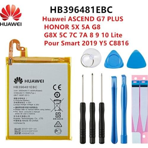 100% Orginal HB396481EBC Battery For Huawei ASCEND G7 PLUS HONOR 5X 5A G8 G8X 5C 7C 7A 8 9 10 Lite Pour Smart 2019 Y5 +Tools