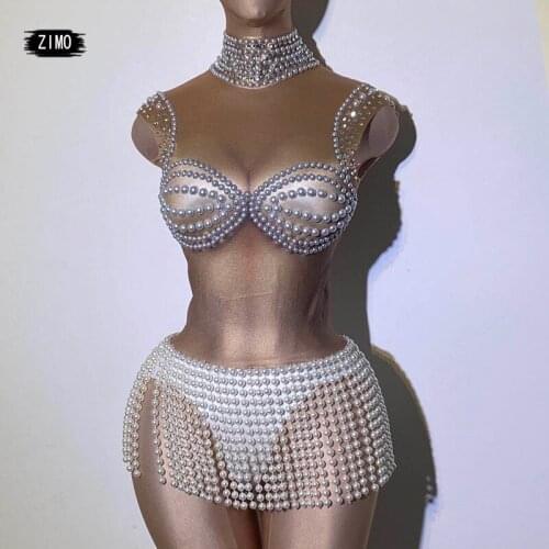 Tassel pearl rave festival clothes adult bodysuit sexy nude club outfit jumpsuit mesh See through skater pole dance performance