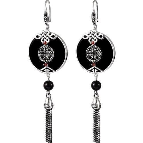 Pure 100% 925 Sterling Silver Tassel Earrings With Truelove Knot Exquisite Natural Black Onyx Stone Ethnic Style Jewelry Gifts