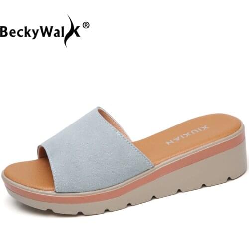 Women Summer Slip On Leather Slippers Open Toe Sandals Women Flip Flops Wedges Platform Sandals Ladies Beach Shoes Woman WSH3228
