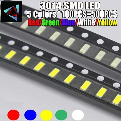 5 x 100pcs/Color=500pcs New 3014 0.2W 3.0 * 1.4 MM 2.0-3.2V Red/Green/Blue/White/Yellow SMD LED kit
