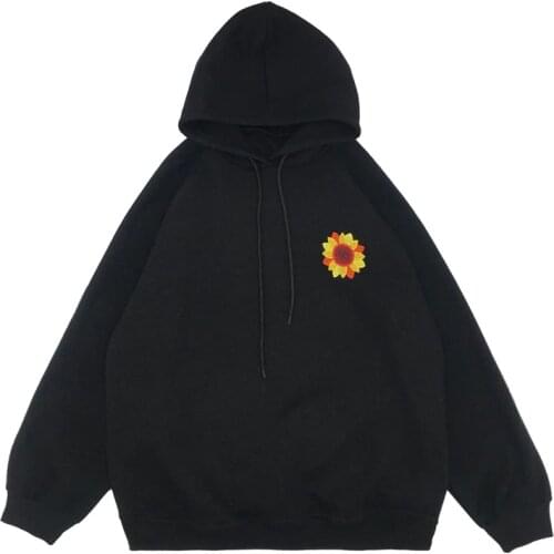 Harajuku Sunflower Embroidered Hoodies Women Loose Hooded Plus Fleece Pullover Cotton Oversize Hoodies Long Sleeve Sweatshirt