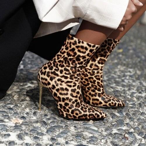 Thin thin pointed elastic boots, stiletto boots, leopard print, high heeled boots, leopard print boots, large size
