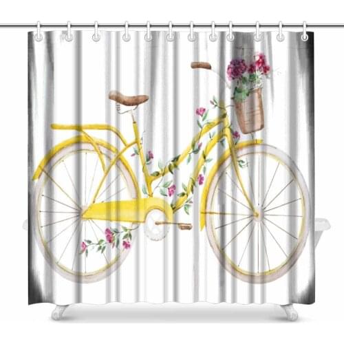 Aplysia Watercolor of a Yellow Bicycle with Flowers Hydrangea Print Polyester Fabric Shower Curtain For Home Decor