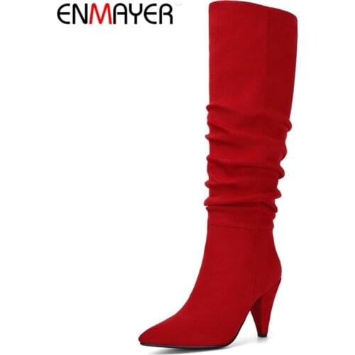 ENMAYER Winter Knee High Boots Women Pleated Spike Heels Long Boots Pointed Toe High Heel Shoes Ladies Shoes Women Boots